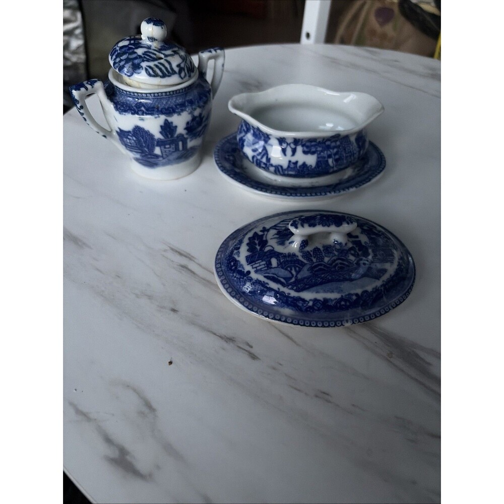 Vintage Japanese Child's Ceramic Serving Set Blue White Miniature Pieces
